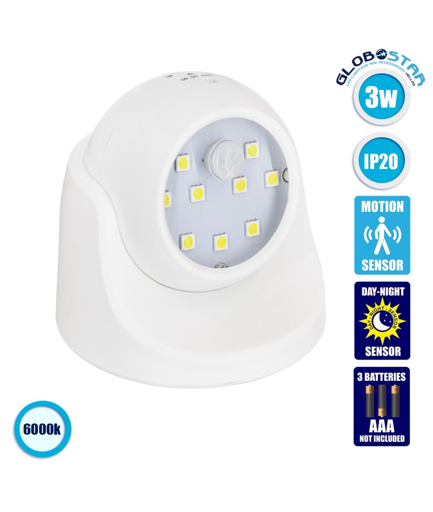 GloboStar® 79000 Λευκό Φωτιστικό Μπαταρίας σε Σχήμα Κάμερας LED SMD 3W 300lm με Αισθητήρα Ημέρας-Νύχτας και PIR Αισθητήρα Κίνησης Ψυχρό Λευκό 6000K